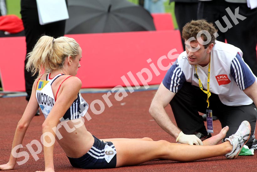 Eilish McColgan has an ankle problem after completing the 3000 metres Steeplechase is seen by the doctor, 2011 Aviva London Grand Prix